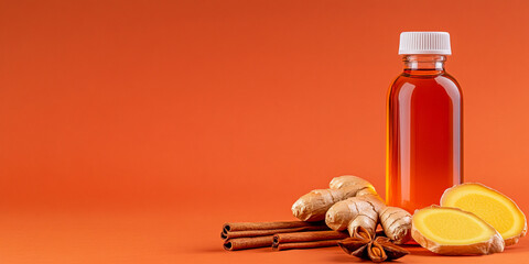 A Vibrant Photograph of Cough Syrup Bottles and Fresh Flowers - Ideal for Medical Blogs and Pharmaceutical Advertisements