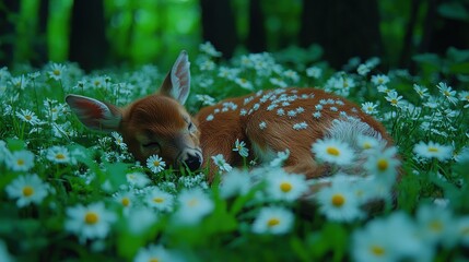 Obraz premium A Serene Slumber: Fawn Dreaming Amidst Daisies