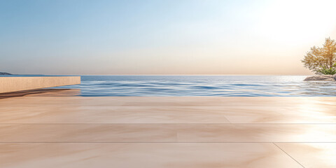 Serene waterfront view with calm water and distant island during sunset