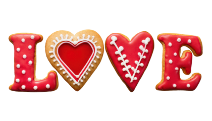 Colorful decorated cookies shaped as love letters and hearts on white background.