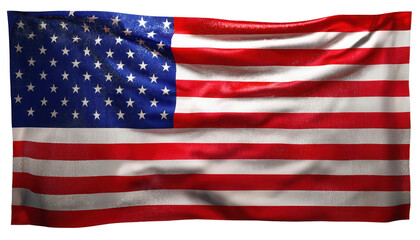 American flag waving, fabric texture, isolated on white background.