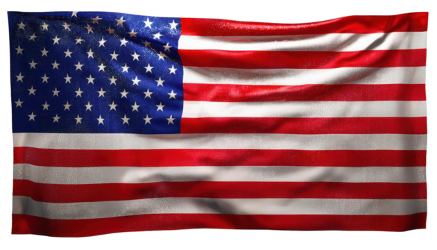 American flag waving, fabric texture, isolated on white background.