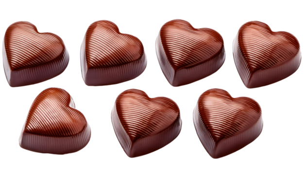 Assortment of heart-shaped chocolates on white isolate background.