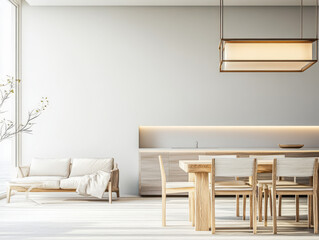 Modern minimalist dining and living area with natural light and wooden furniture