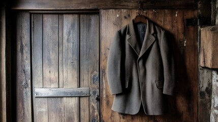 Vintage Brown Coat Hanging on Rustic Wooden Door Background