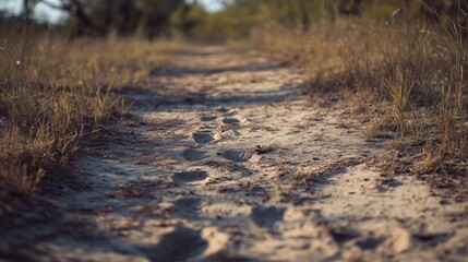 Obraz premium Tranquil Nature Path with Footprints in the Sandy Trail Landscape