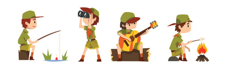 Funny Boy Scout in Khaki Uniform Explore Nature Vector Set
