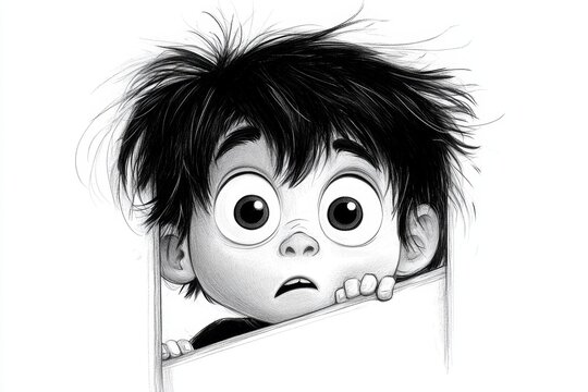 A playful 2D illustration of a child peeking around a doorframe, their eyes wide and their expression nervous, with clean, bold lines on a white background