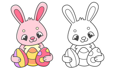 Pink rabbit with Easter eggs coloring book with coloring example for kids. Coloring page with cute bunny. Black and white and color version. children's illustration.