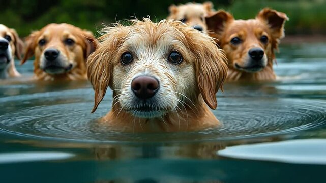 Golden Retrievers in Water: A group of adorable Golden Retrievers, their golden coats glistening, enjoy a refreshing swim, their heads peering above the water's surface.