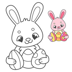 Pink rabbit with Easter eggs coloring book with coloring example for kids. Coloring page with cute bunny. Black and white and color version. children's illustration.