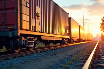 Obraz premium A Glimpse of Tranquility: Sunset Illuminates Freight Train Cars Along a Quiet Rural Rail Track Evoking a Sense of Journey and Adventure