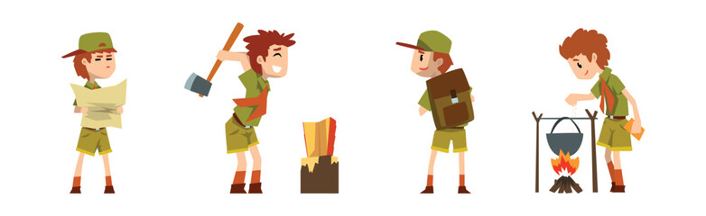 Funny Boy Scout in Khaki Uniform Explore Nature Vector Set