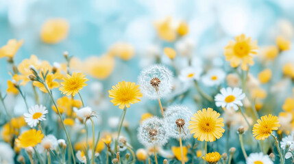 Fototapeta premium Serene Meadow: Dandelions and Daisies in a Springtime Bloom