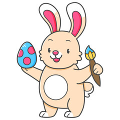 Cute Easter bunny with Easter egg and paint brush in cartoon style. isolated on white illustration.