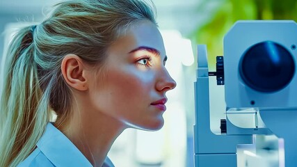 Young Caucasian woman undergoing eye examination. Patient checks vision modern clinic. Female eye care professional exam. Healthcare, vision correction. Calming clinical atmosphere. Eye health