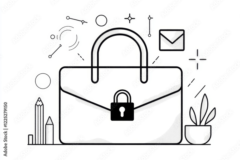 Poster A simple line art representation of a briefcase with a lock symbol on it, indicating confidential information with clean, bold strokes