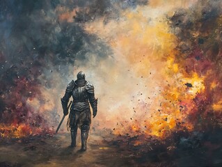 A Solitary Armored Figure Walks Through Blazing Flames in Fiery Destruction.