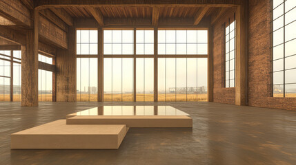 Obraz premium Minimalist interior showcasing a wooden platform in an industrial-style space with large windows