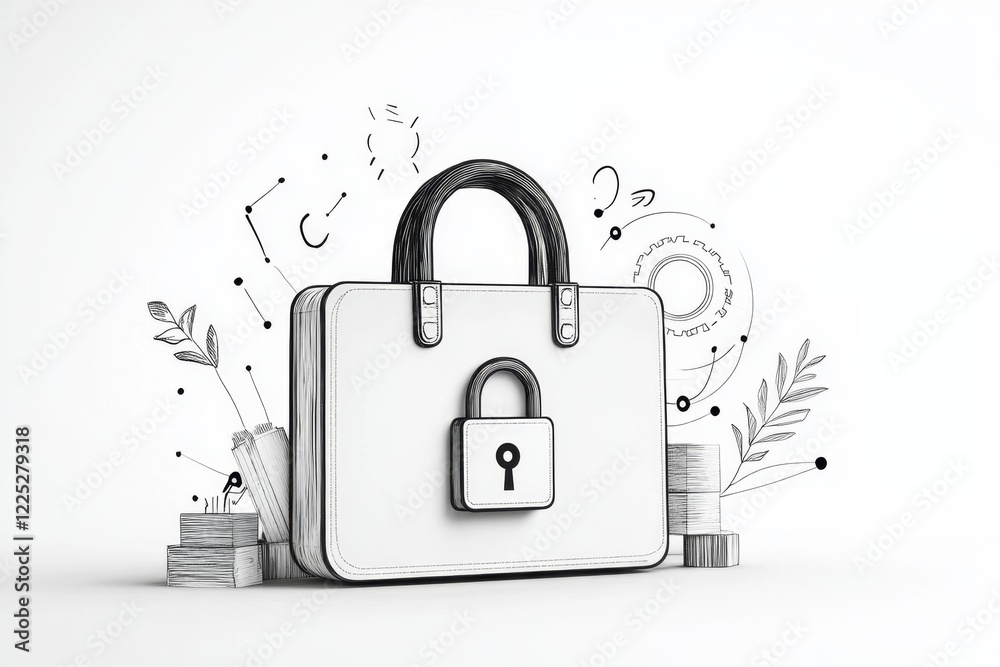 Poster A simple line art representation of a briefcase with a lock symbol on it, indicating confidential information with clean, bold strokes