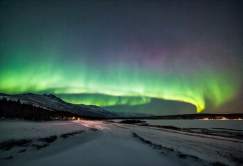 Fototapeta premium Green aurora Borealis over landscape