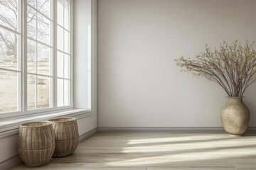 Natural light filling a minimalistic interior with decorative vase and woven baskets