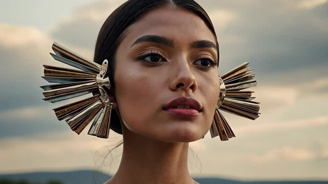 Elegant sophisticated woman shows off extravagant large ear jewelry (cuffs) in the form of open books, against a natural sky background. Modern fashion trends and unique style.