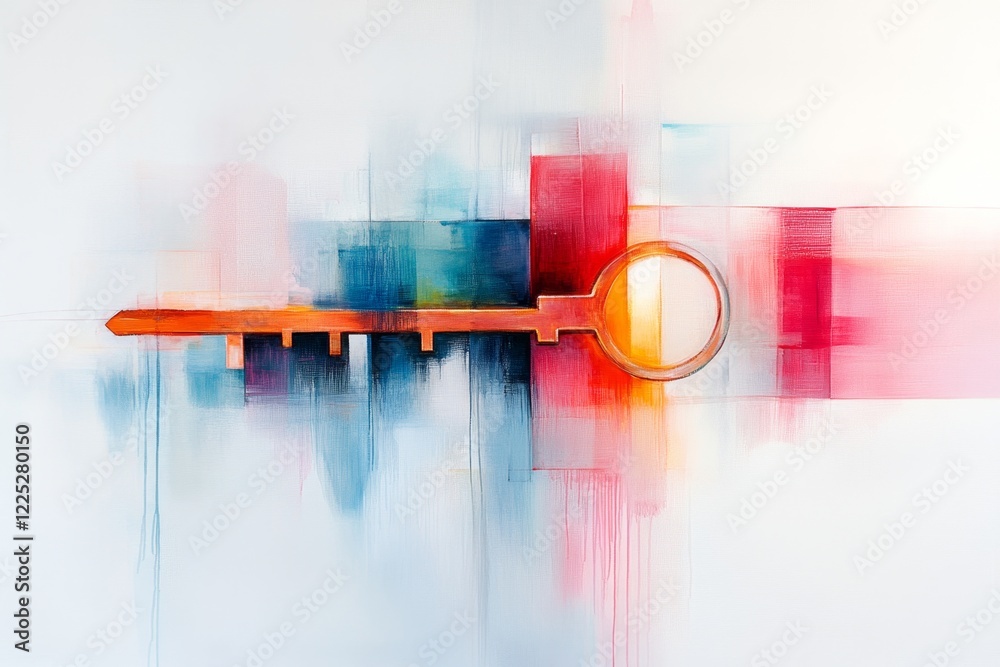 Poster a soft watercolor painting of a glowing key unlocking a door, with ethereal tones blending into the 