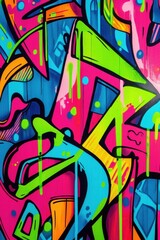 Colorful graffiti art on urban wall depicting vibrant patterns and shapes, showcasing street culture, creativity, and modern artistic expression for contemporary decor.