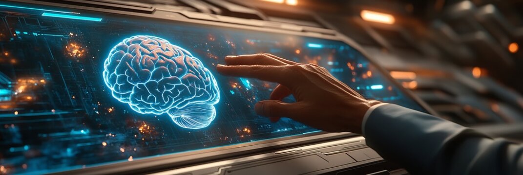 Touching the Future. Person Exploring Holographic Brain on Futuristic Interface, High-Tech Concept. - Powered by Adobe