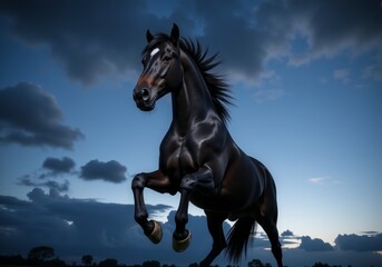 Naklejka premium majestic black horse gallops across a field, its powerful muscles and flowing mane creating a sense of energy and freedom