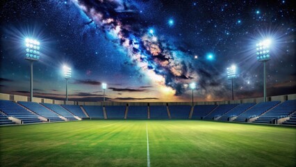 Abandoned stadium under starry night sky with floodlights illuminating the empty seats and field , nighttime sports, evening athletics