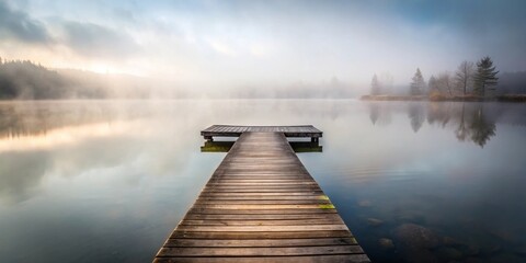 Naklejka premium Serene Wooden Dock Extending into Misty Lake at Dawn