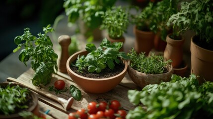 A kitchen garden with fresh herbs, vegetables, and gardening tools.