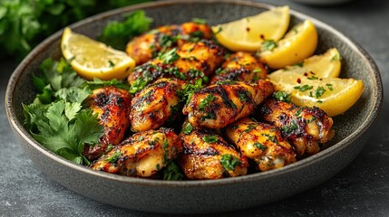 Fototapeta premium Grilled chicken wings, lemon, herbs, dark background, food photography