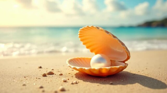 Close up of a lustrous pearl inside an open seashell on a sandy beach, with a bright, sunny ocean in the background