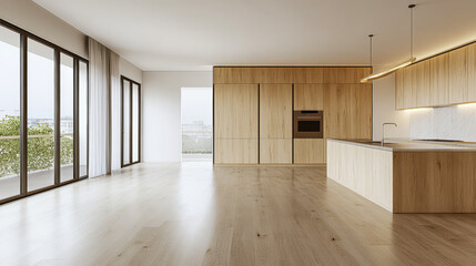 Fototapeta premium Modern kitchen and living area with large windows and wooden finishes in a contemporary home setting
