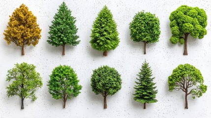 Diverse Miniature Trees Arranged Against White Background