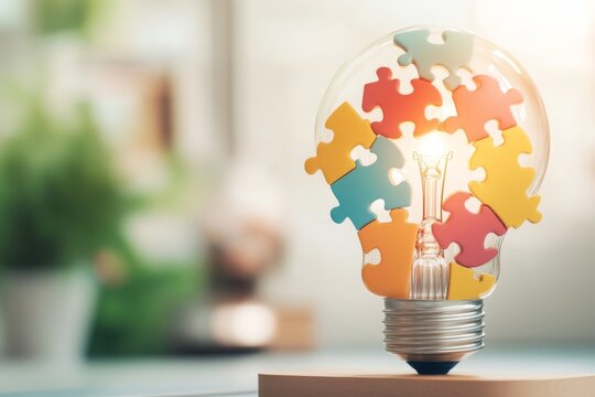 A vibrant 3D depiction of puzzle pieces coming together to form a lightbulb, symbolizing the idea of applicability in problem-solving