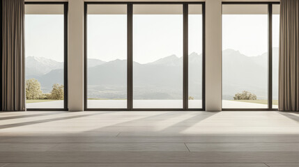 Fototapeta premium Spacious modern interior with large windows showcasing mountain views in the late afternoon