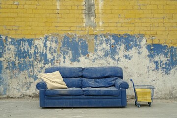 Blue Couch and Yellow Wall in Urban Setting Representing Abandonment and Minimalism