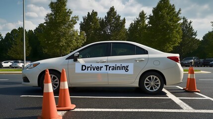 Sedan with driver training sign parked among cones in a driving school lot during sunny afternoon
