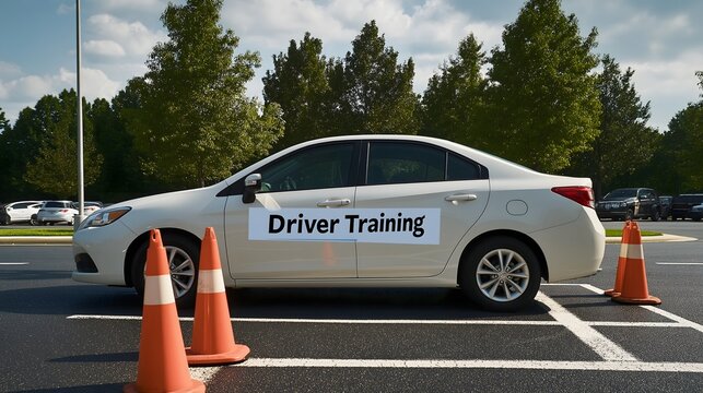 Sedan with driver training sign parked among cones in a driving school lot during sunny afternoon