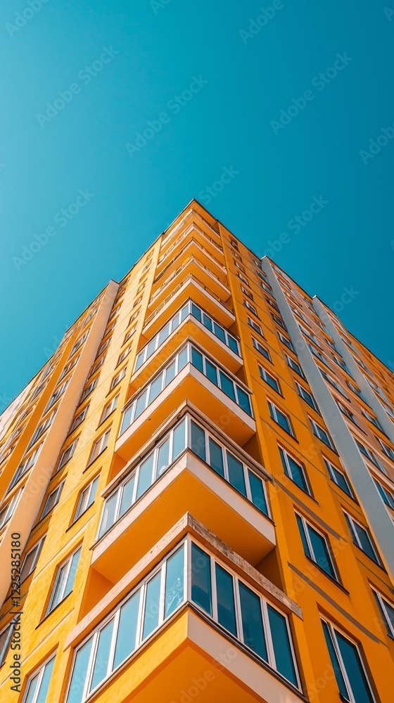 Poster a contemporary yellow building with bold white lines ascends into the azure sky. its numerous balcon