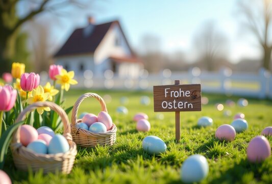 Easter egg hunt scene. A spring scene with easter eggs scattered on a green lawn, baskets of eggs, flowers, a house in the background, and a sign saying "frohe ostern".