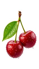 Obraz premium Fresh Juicy Red Cherries with Green Leaf and Water Droplets on Black Background – High-Quality Close-Up Image