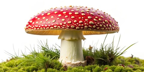 Red Mushroom with White Spots on Mossy Ground