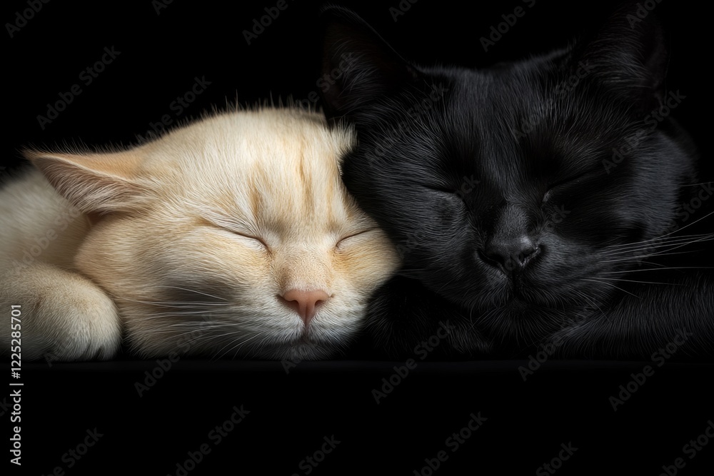 Poster two pets snuggled together, one with light fur and the other with dark, creating a visual balance of