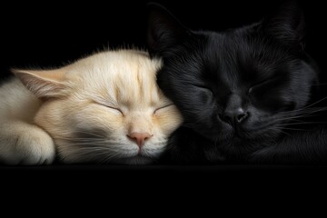 Obraz premium Two pets snuggled together, one with light fur and the other with dark, creating a visual balance of complementary tones