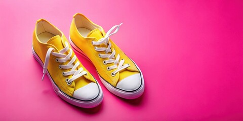 Fototapeta premium A pair of vibrant yellow canvas sneakers with white laces rest on a bright pink background.